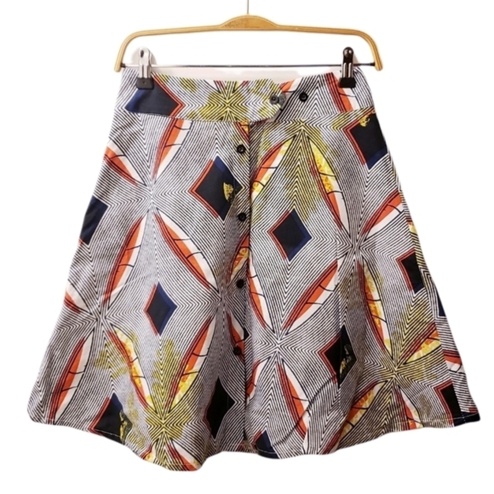 GEOMETRIC Patterned high waisted A-line skirt Size M red navy chartreuse